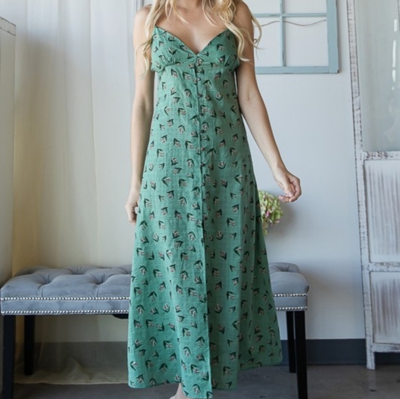 Green Drawstring Tie Open-Back Button Down Midi Dr - Picture 12 of 15